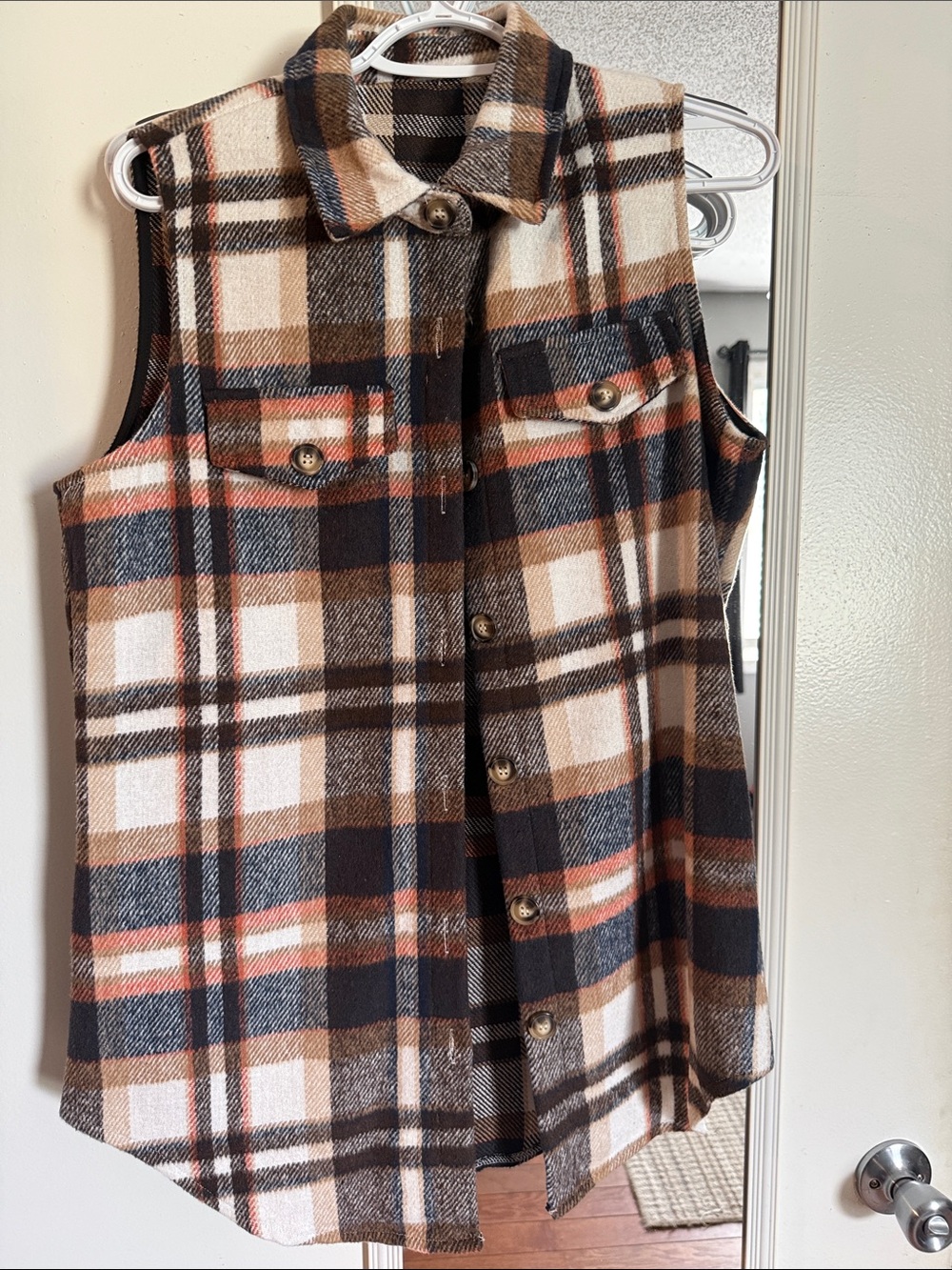 SHEIN Brown Black Cream Plaid Button-Down Sleeveless Shirt